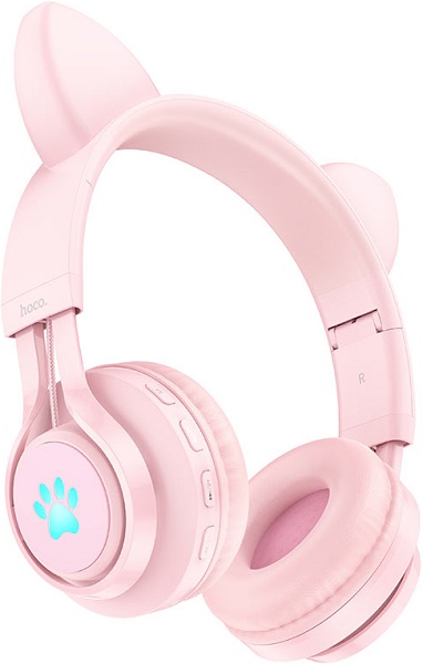 Bluetooth-гарнитура Hoco W39 Cat ear Kids розовые (детские, разноцветная подсветка ушек)