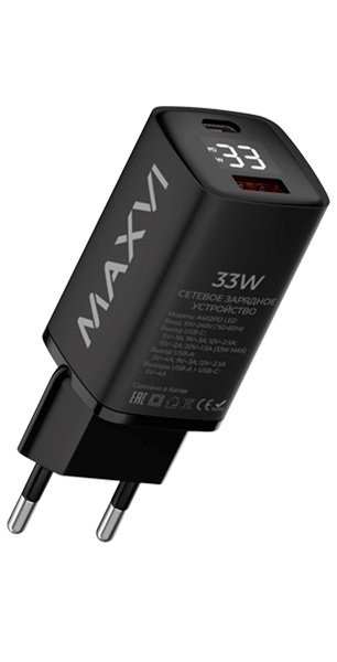 Cетевое зарядное устройство Maxvi A402PD LED черное